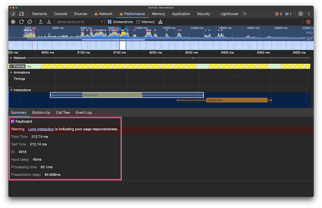 Warning, long interaction is indicating poor page responsiveness in the summary tab for the keyboard interaction.