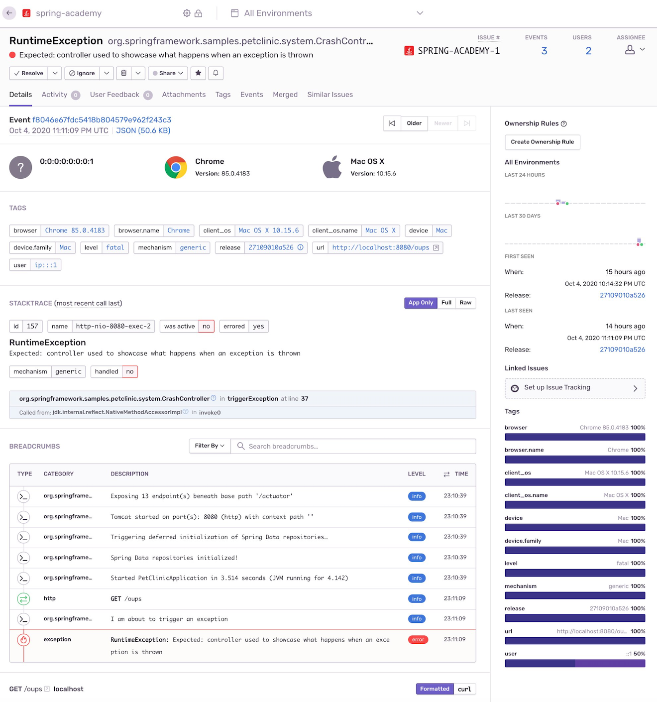 Sentry's Java Spring Boot issue details view