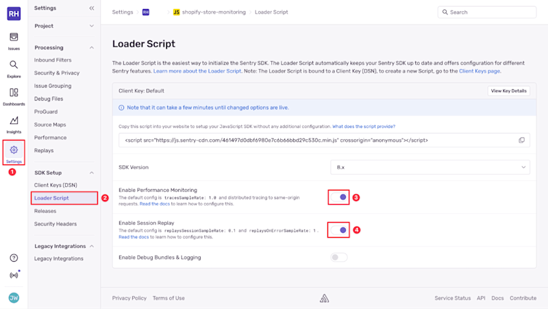 Screenshot of the Sentry project settings showing the Loader Script configuration page. The ‘Enable Performance Monitoring’ and ‘Enable Session Replay’ toggles are both switched on, demonstrating how to activate monitoring features for a Shopify store integration.