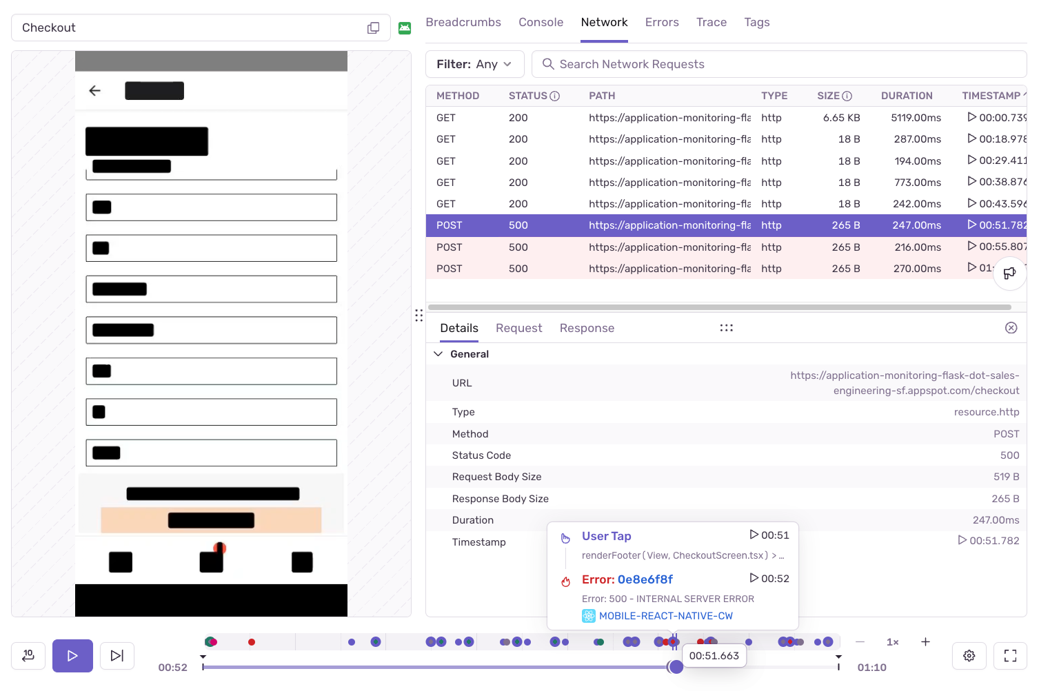A screenshot of Session Replay on a React Native application where the left window shows a mobile app with information redacted, the bottom shows the replay timeline that is paused at a moment where a User Tap and 500 error happened, the right has the Network tab selected showing multiple successful GET requests and then 3 500 POSTs with additional details about a specific 500 error listed below the list of network calls.