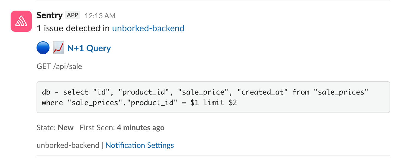 Sentry Slack Alert for N+1 Query