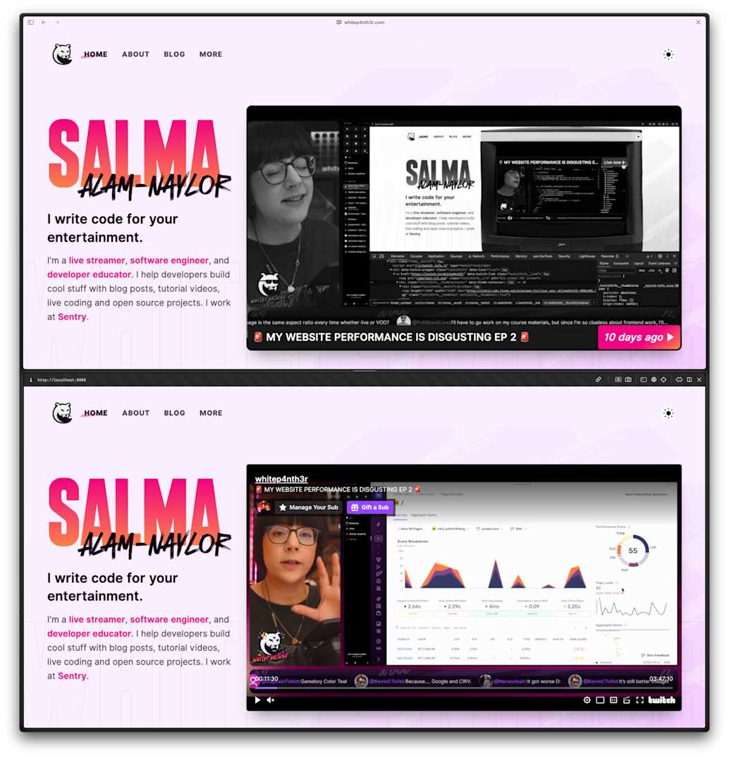 Two screenshots of my website home page. The top screenshot shows what the page looks like when I'm not live. It contains a monochrome thumbnail with the stream title, and how long ago the stream was created. The bottom screenshot shows the twitch video player, which appears when I'm live.
