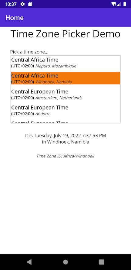 .NET MAUI Time Zone Picker - Android