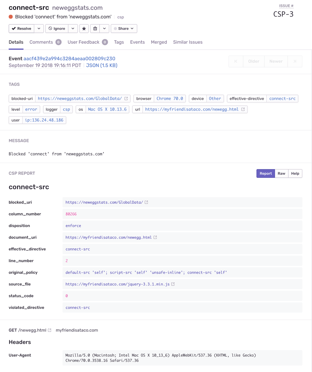 Sentry CSP violation report