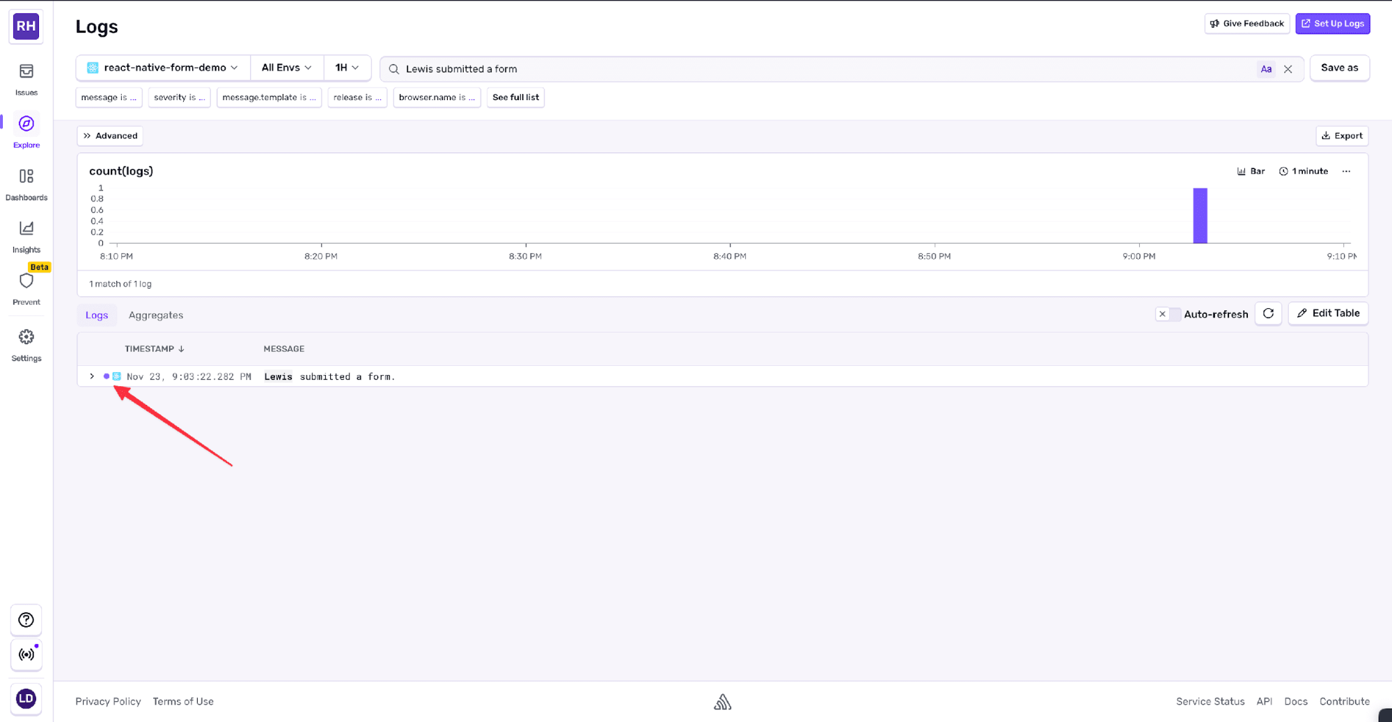 Logs dashboard showing a single log entry confirming a form submission, with a timestamped message reading “Lewis submitted a form” and a bar chart indicating one log event.