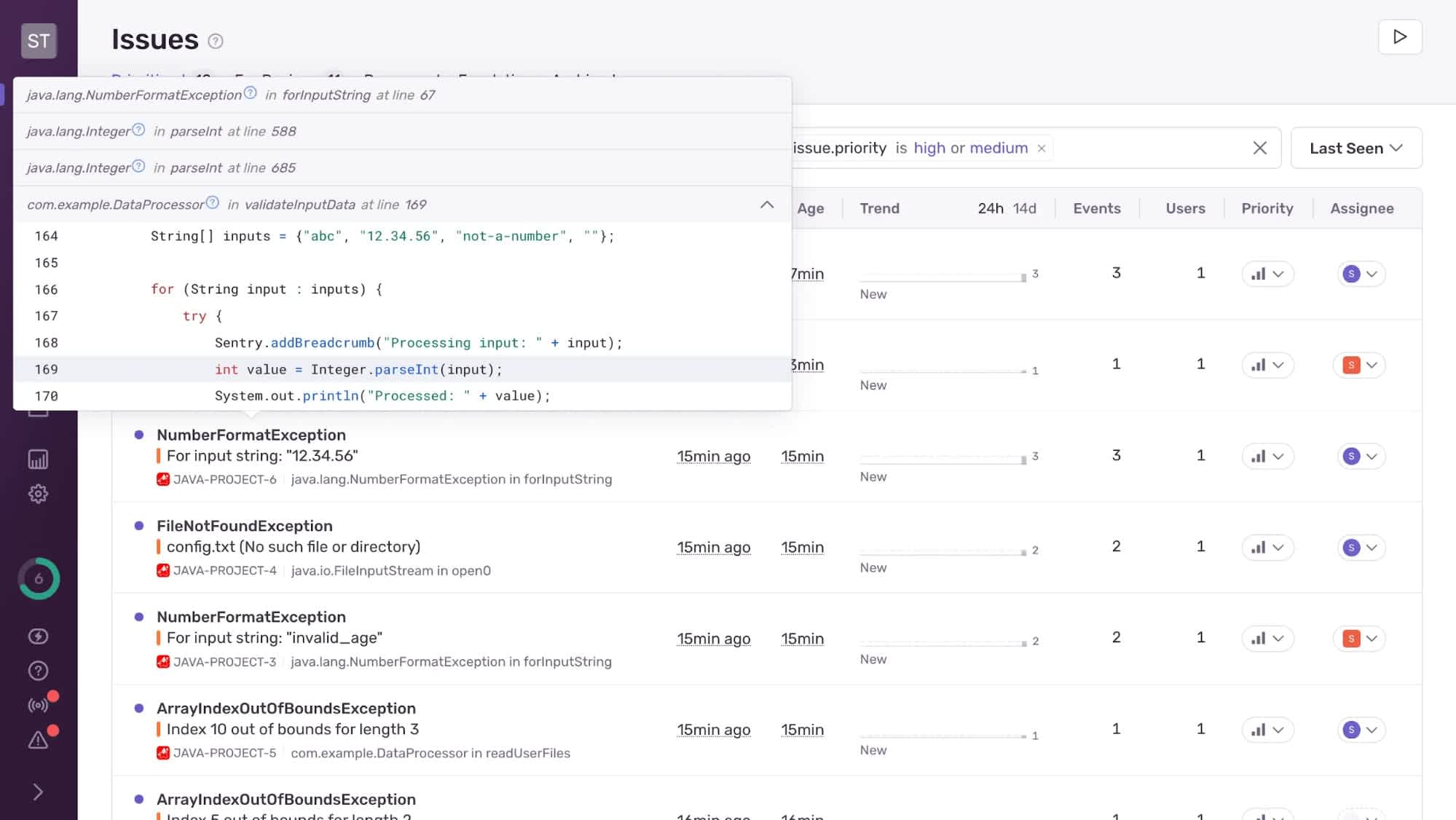 Same place as the previous image, but showing a context window when hover over an exception in the list, showing the actual code causing the exception