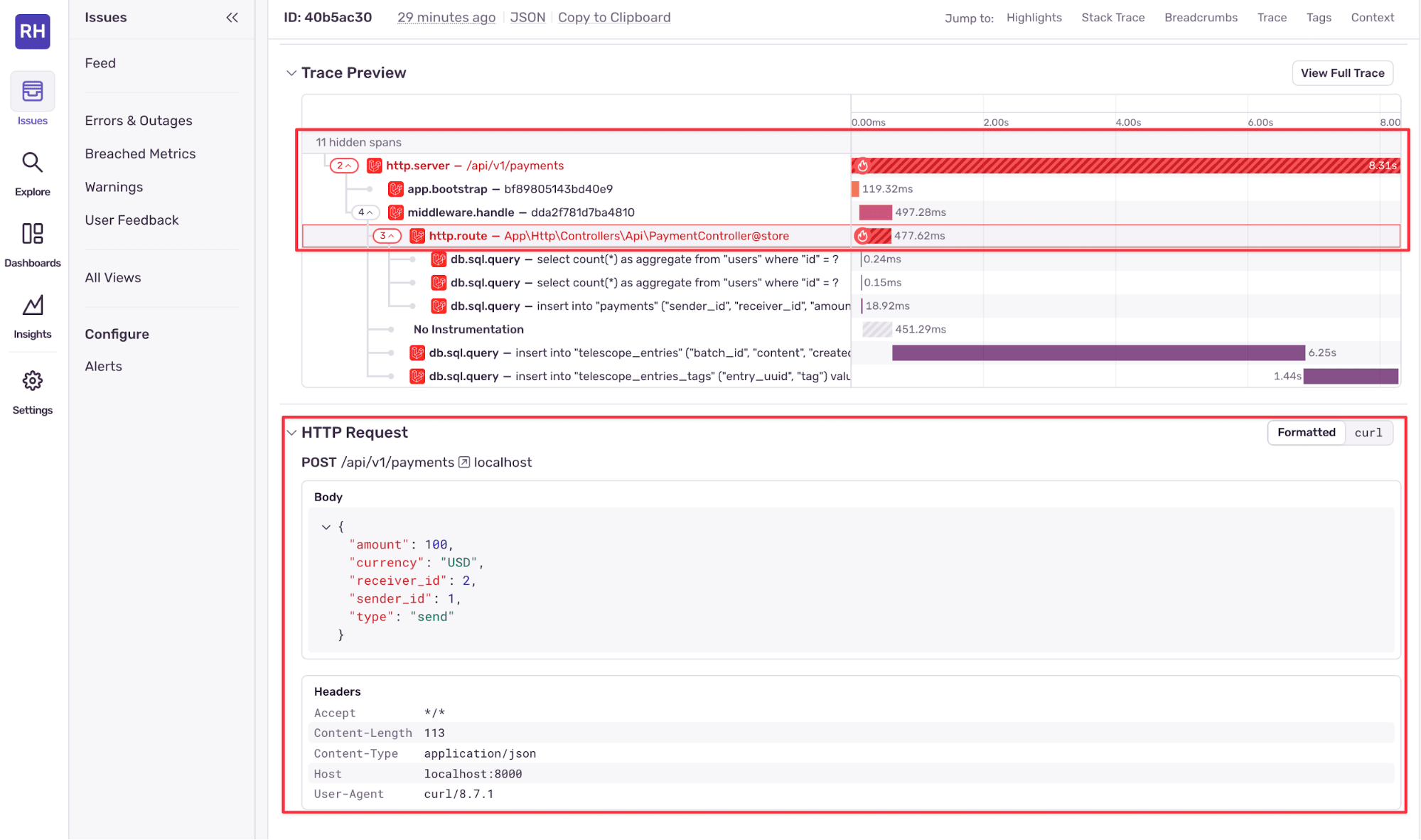 The sentry UI, showing the trace preview and http request info.