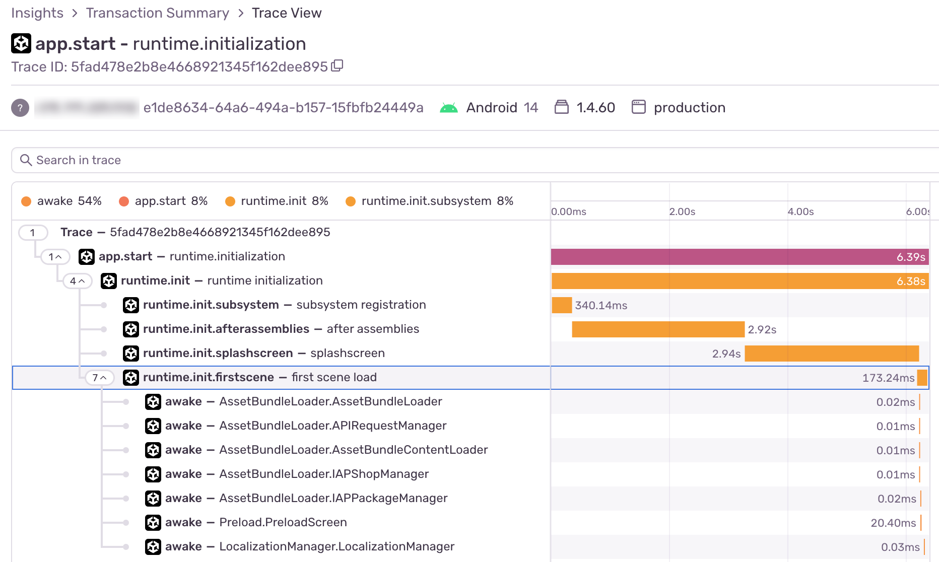 Screenshot from Sentry showing the late triggered Awake() in the trace view