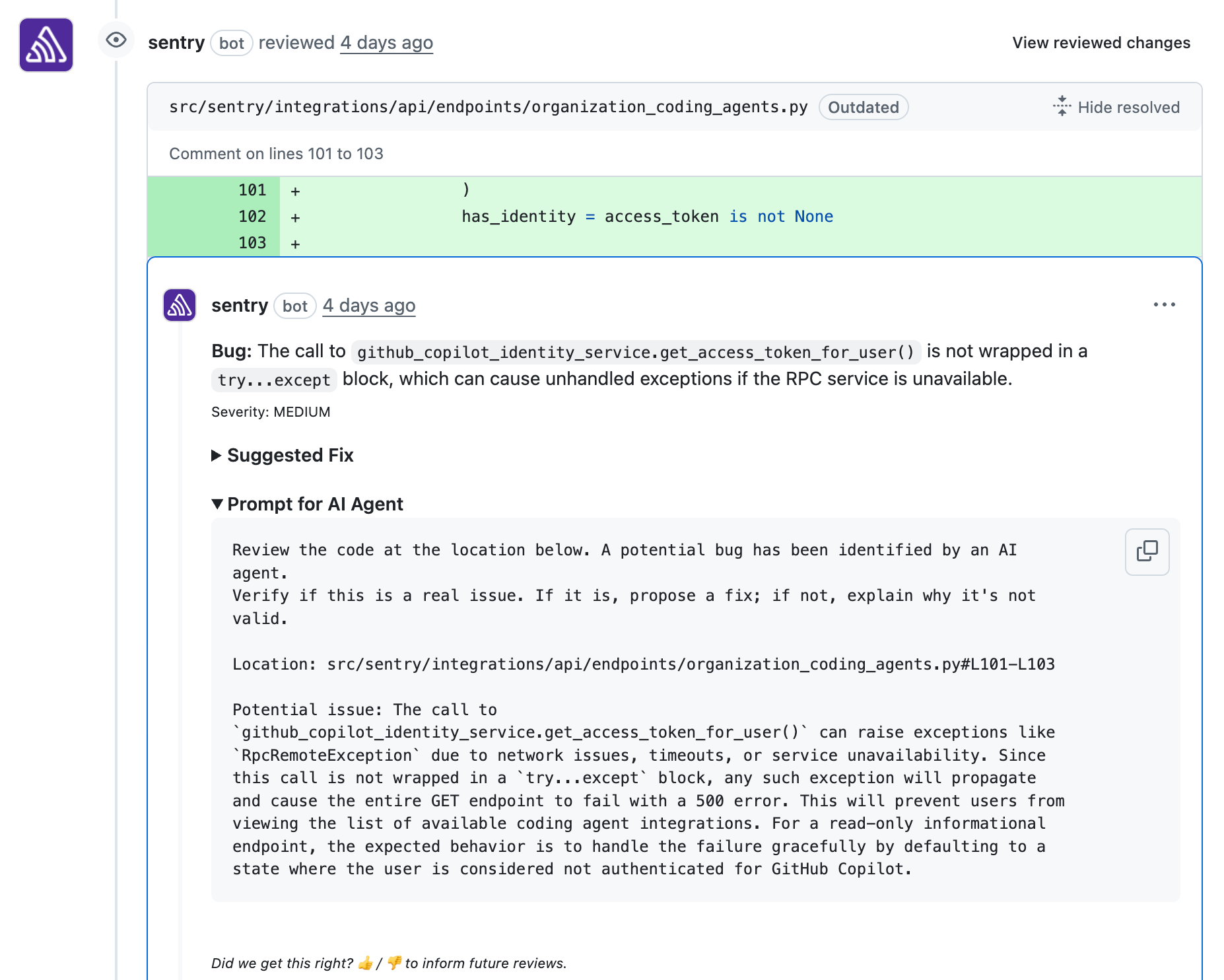 screenshot of seer code review comment in GitHub