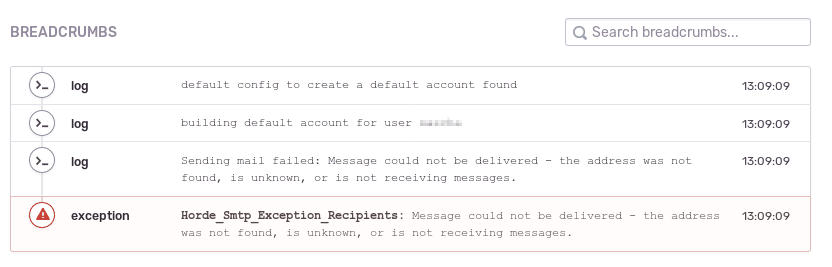 A Screenshot of the Sentry Breadcrumbs widget, displaying an exception from Nextcloud