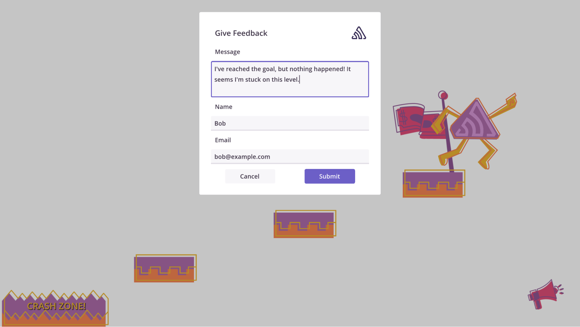 In-game feedback form open over a platformer scene, with fields for message, name, and email, and a character celebrating on a platform.