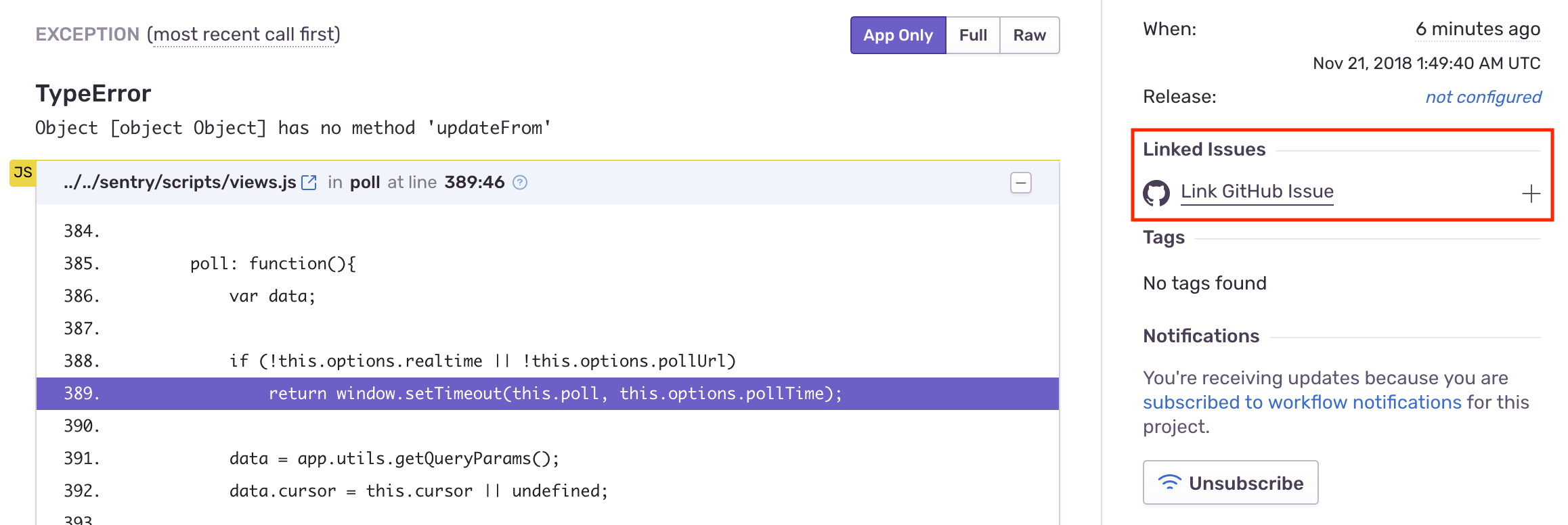 A screenshot of the Sentry issue page with the "Link GitHub Issue" button highlighted in the sidebar.