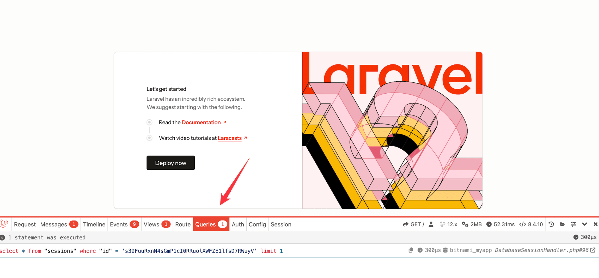 A red arrow pointing out the "Queries" tab in Debugbar