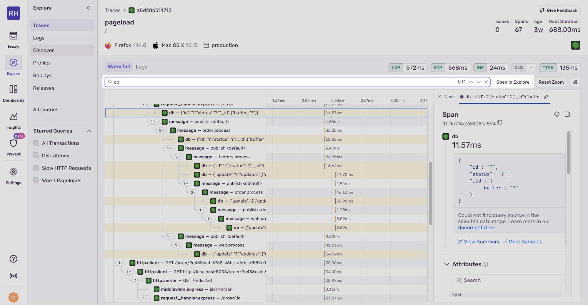 Trace waterfall filtered by ‘db’, showing highlighted database spans and a selected db span’s JSON/details.