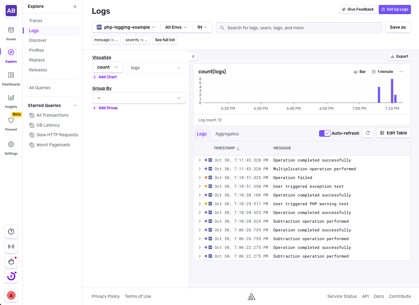 A screenshot of the Logs section of Sentry, showing a stream of incoming logs for a PHP application.