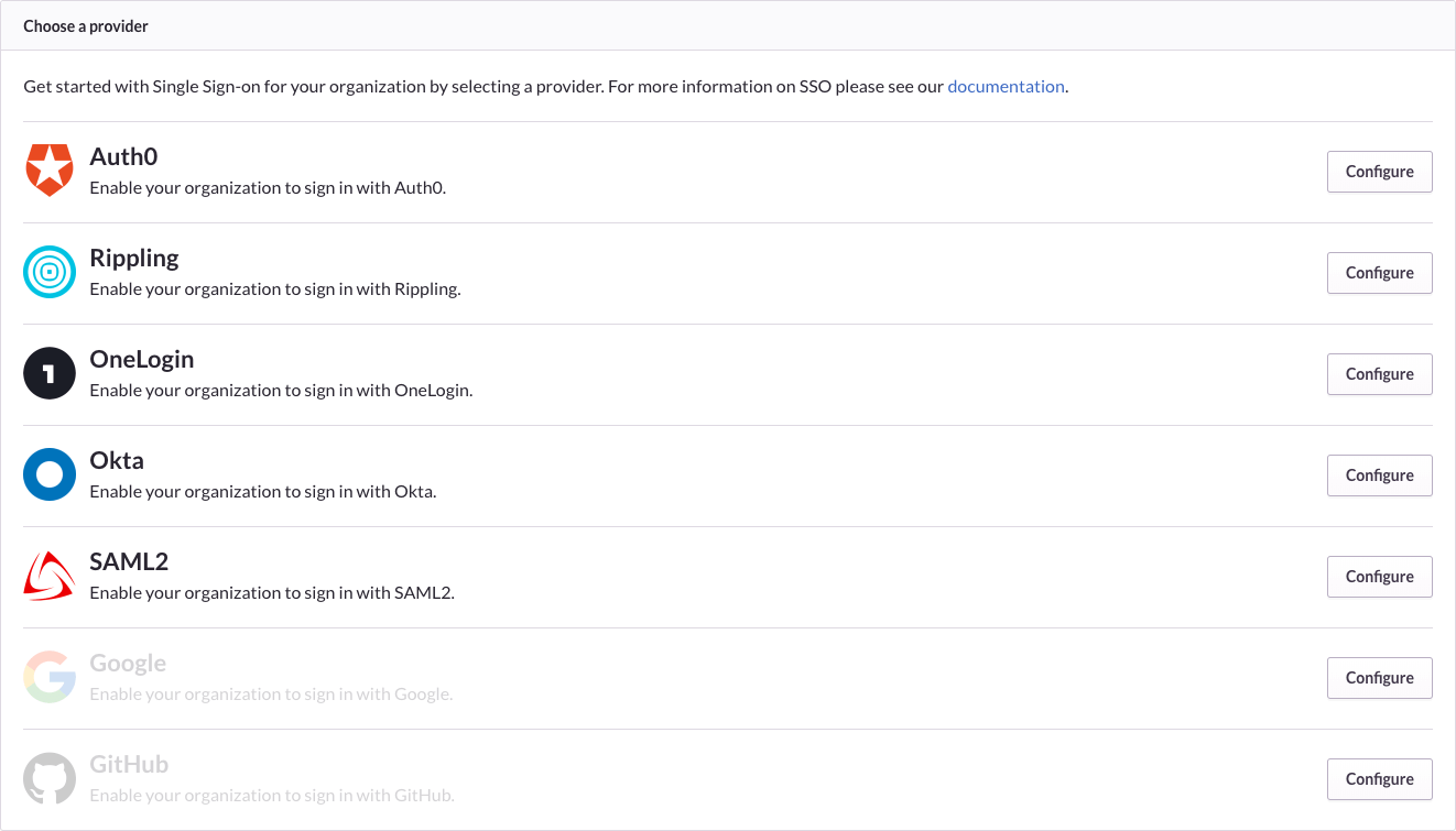 Screenshot of Sentry SAML and SSO providers