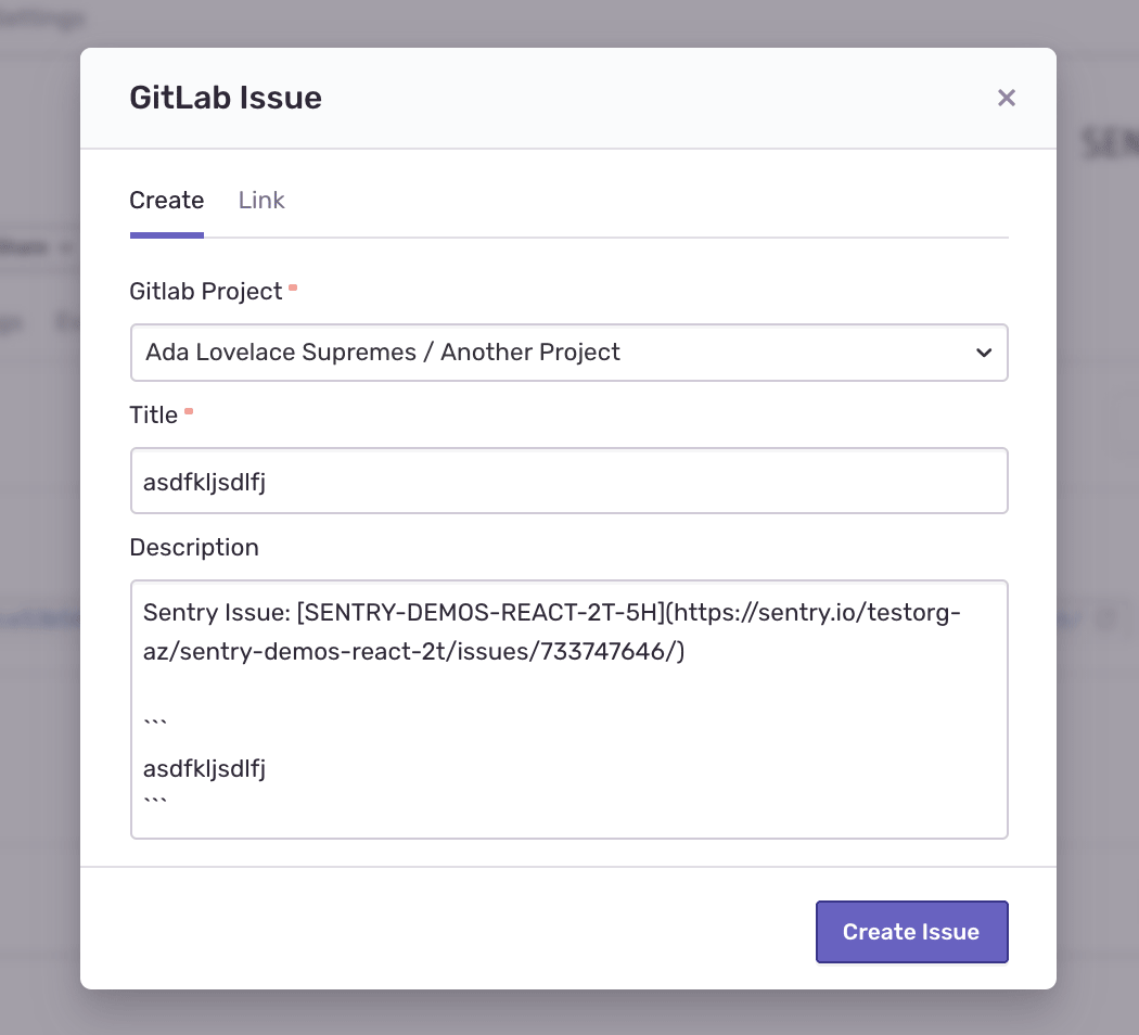 Sentry GitLab create new issue