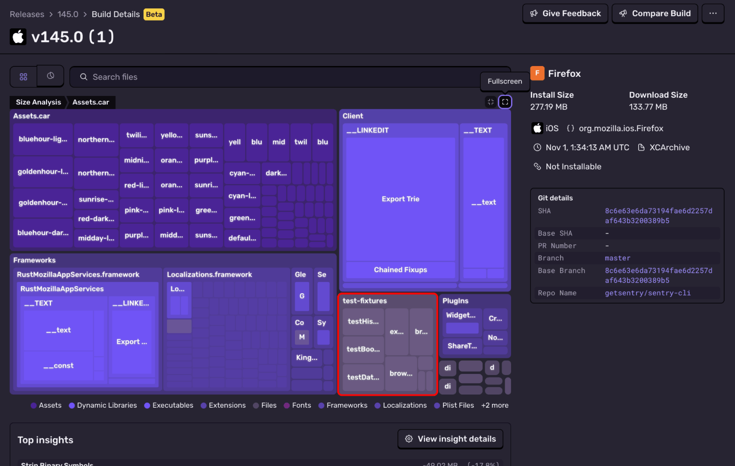 A treemap of the Firefox iOS app, showing the file size of the different parts of the app.