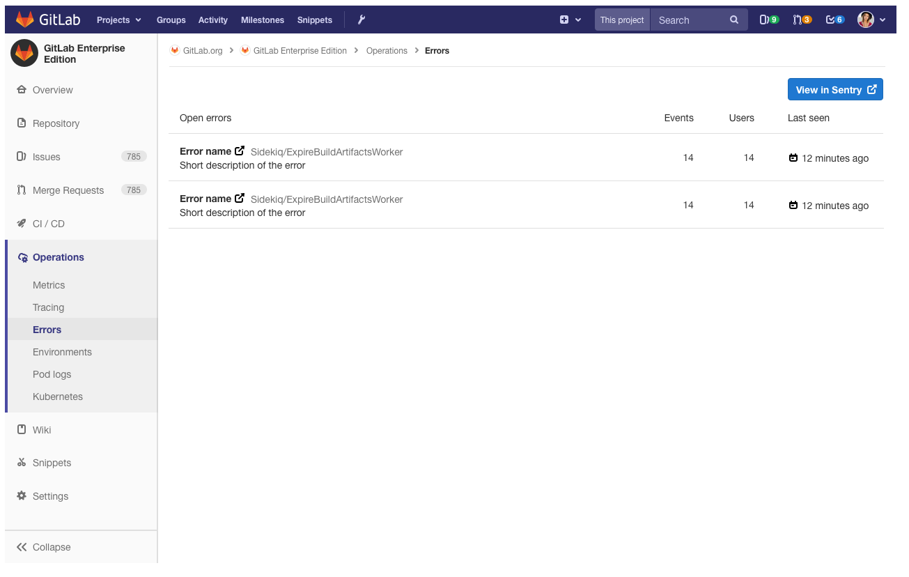A screenshot of the GitLab interface, displaying a list of Sentry errors.