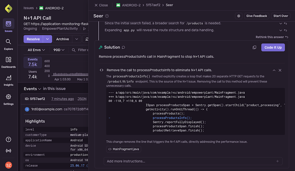 Go from issues to code fixes automatically with AI debugging