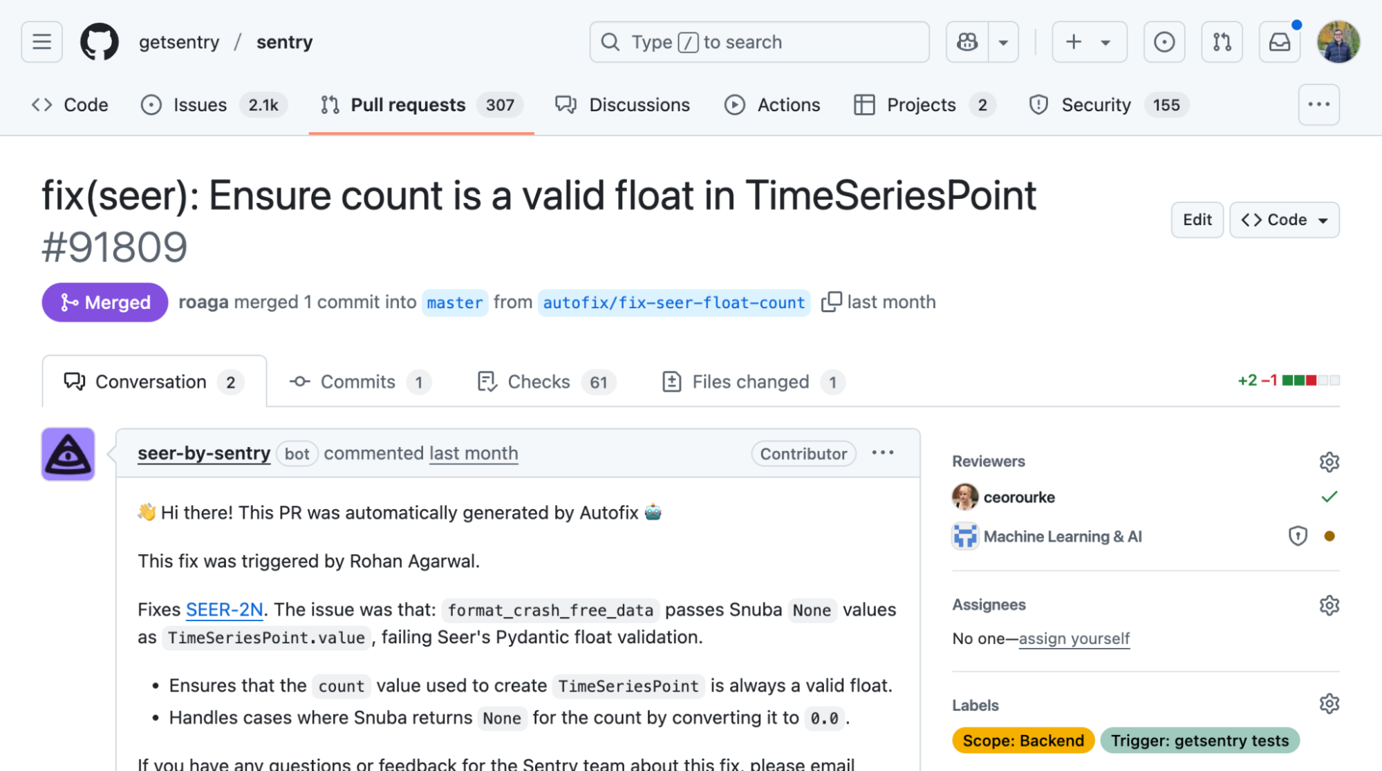 Screenshot of a merged GitHub pull request titled:
“fix(seer): Ensure count is a valid float in TimeSeriesPoint (#91809)”
The PR was merged into the master branch from autofix/fix-seer-float-count.
A comment from the seer-by-sentry bot states the PR was auto-generated by Autofix and triggered by Rohan Agarwal. It fixes an issue where format_crash_free_data passed None values as TimeSeriesPoint.value, which failed float validation.
Fix summary:
Ensures count is always a valid float.
Converts None to 0.0 for count.
Reviewers include user ceorourke under the "Machine Learning & AI" team. Labels show: Scope: Backend and Trigger: getsentry tests.