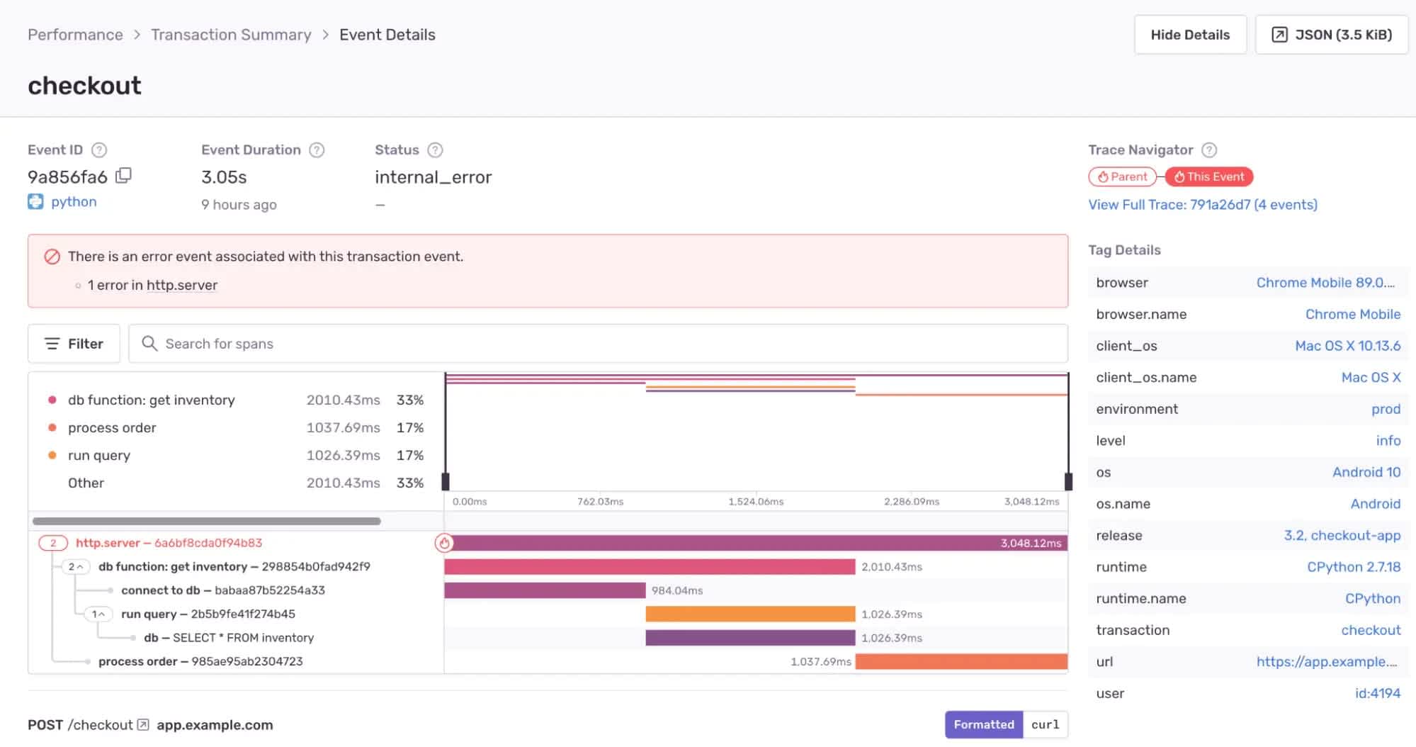 The details of a transaction, showing the event details of a checkout error