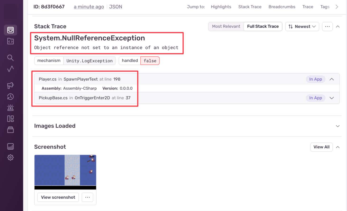 Stack trace highlighting the error name and where the error occurs in the code, accompanied by a gameplay screenshot below.