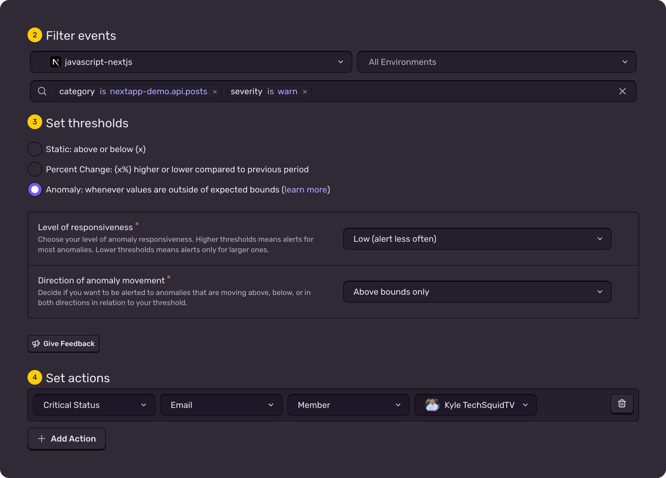 Dark-themed Sentry alert setup screen showing steps to filter events and set thresholds, with filters for JavaScript Next.js logs, category and severity, anomaly detection selected, responsiveness and direction options, and actions configured to email a team member.