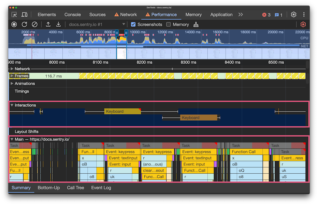 Performance profile has been recorded. The Interactions and Main thread lanes are annotated with rectangles.