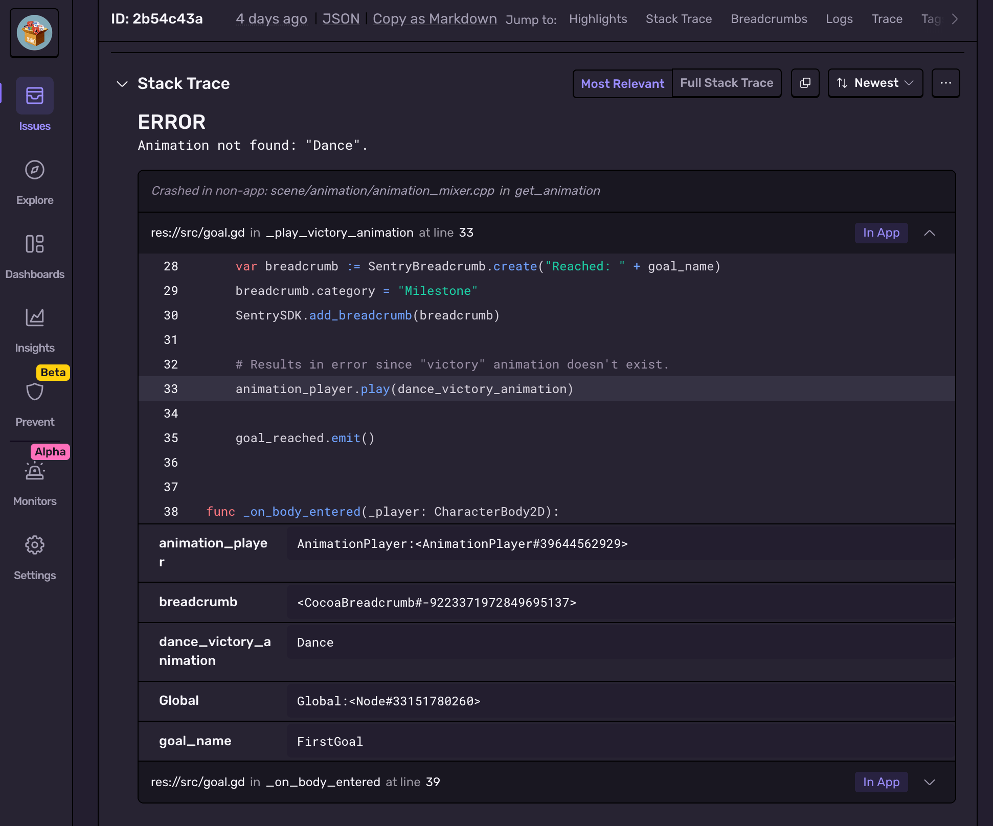 Screenshot of a Sentry issue showing a Godot stack trace with an error: animation ‘Dance’ not found.