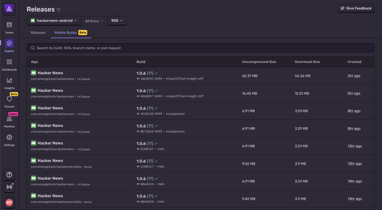 Releases page with a table of mobile builds. Each row shows the Hacker News Android app name, build version 1.0.6, build identifier, file sizes, and the time the build was created.