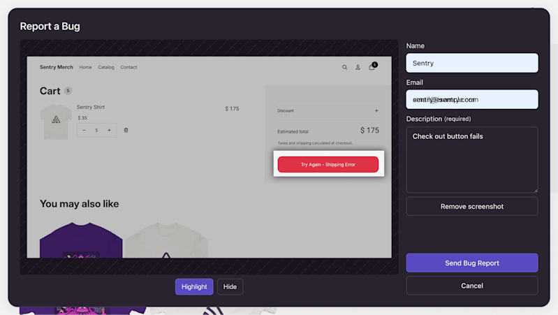 Screenshot of the Sentry “Report a Bug” feedback form showing a Shopify checkout error with a red “Try Again – Shipping Error” message, a description field labeled “Check out button fails,” and the “Send Bug Report” button highlighted.