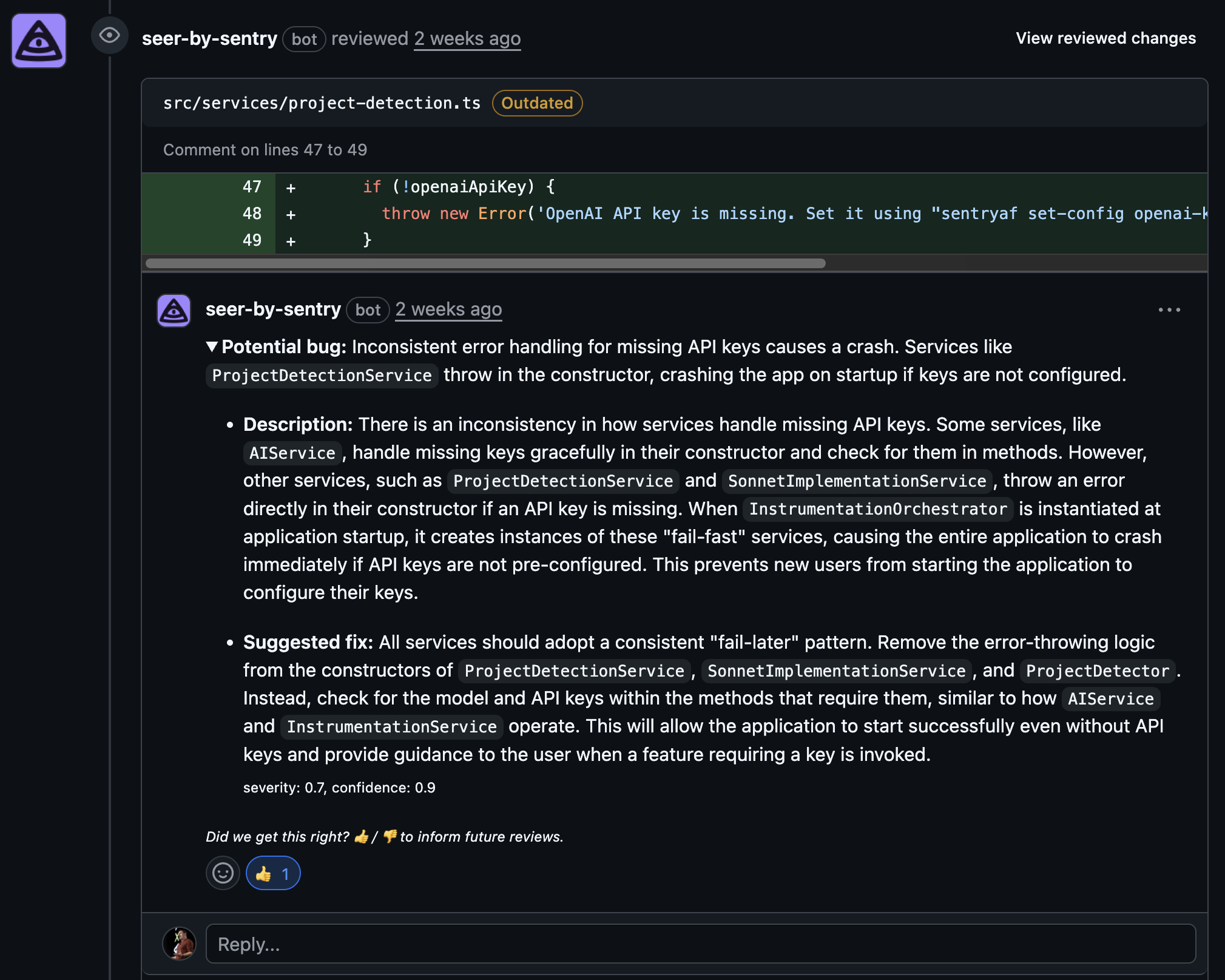 a screenshot of a Sentry PR comment that points out a potential bug