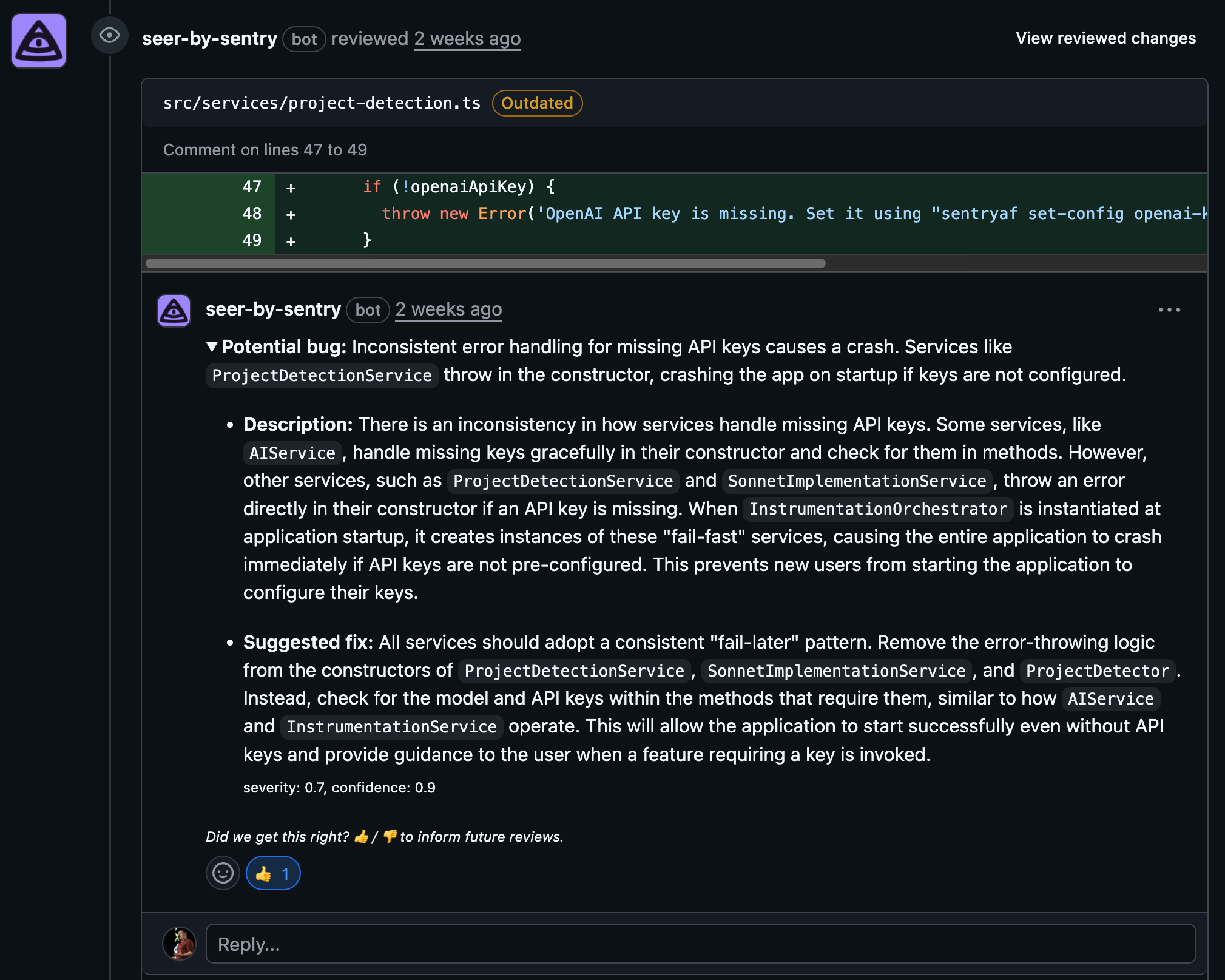a screenshot of a Sentry PR comment that points out a potential bug