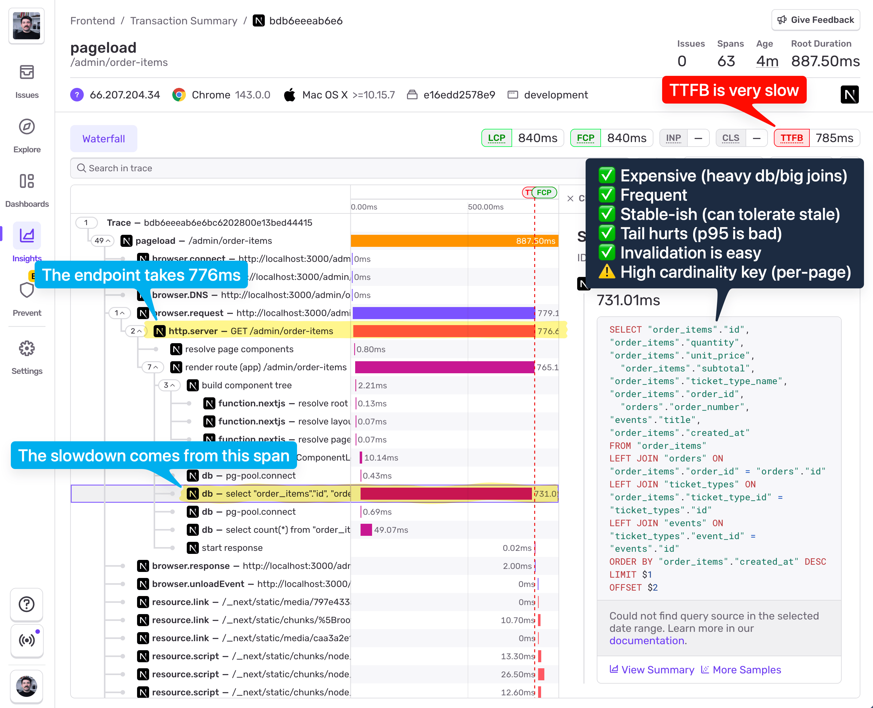 Sentry performance monitoring trace showing pageload transaction with 785ms TTFB bottleneck. Waterfall diagram highlights expensive database query with high cardinality key causing 731ms slowdown. SQL query joins order_items with multiple tables.