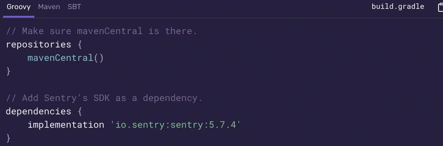 IDE showing what it looks like to add the sentry sdk as a dependency in the java code