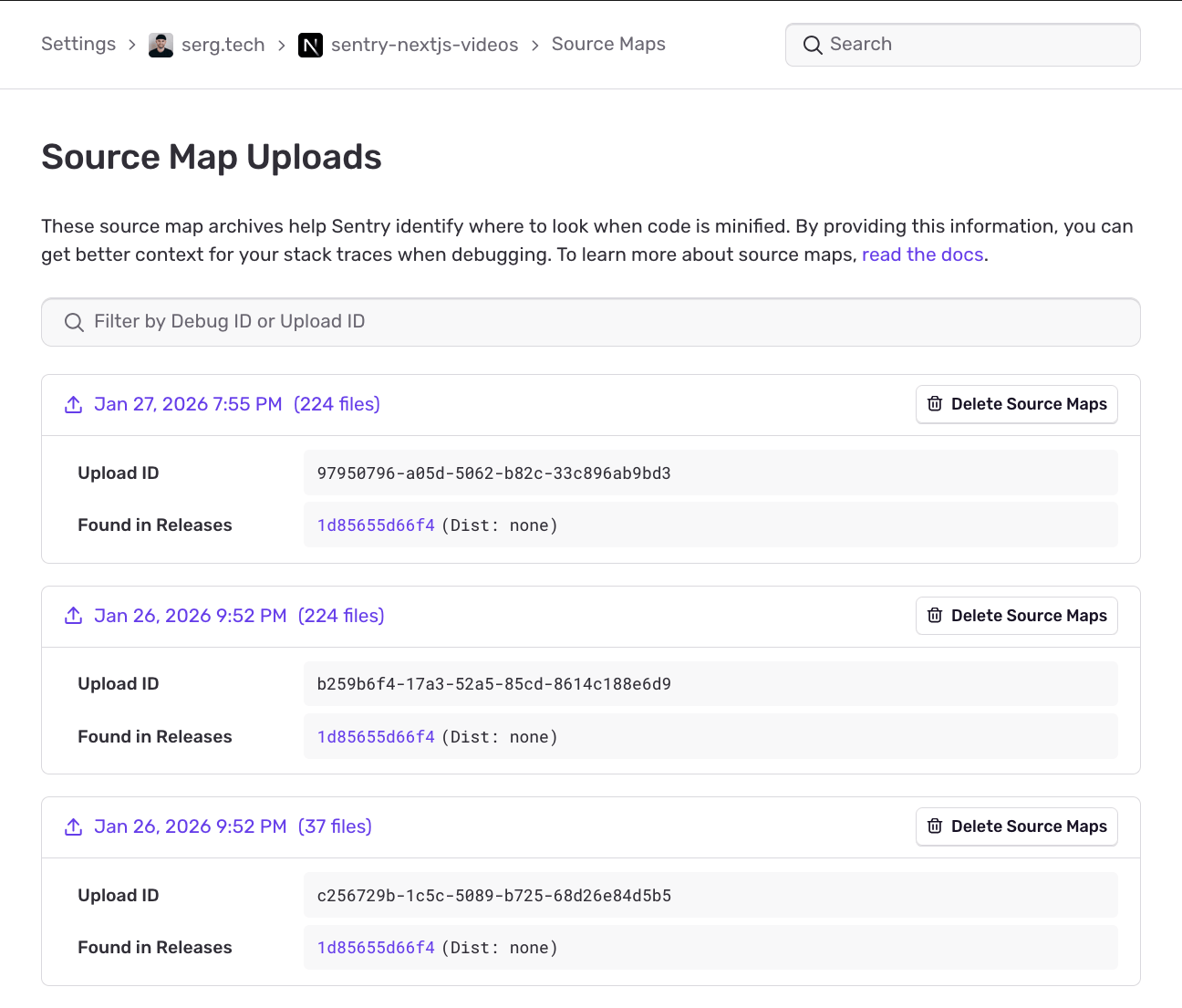 Sentry source map uploads page displaying three uploads from January 2026, each showing upload ID, file counts (224 and 37 files), and release information with "Dist: none" status