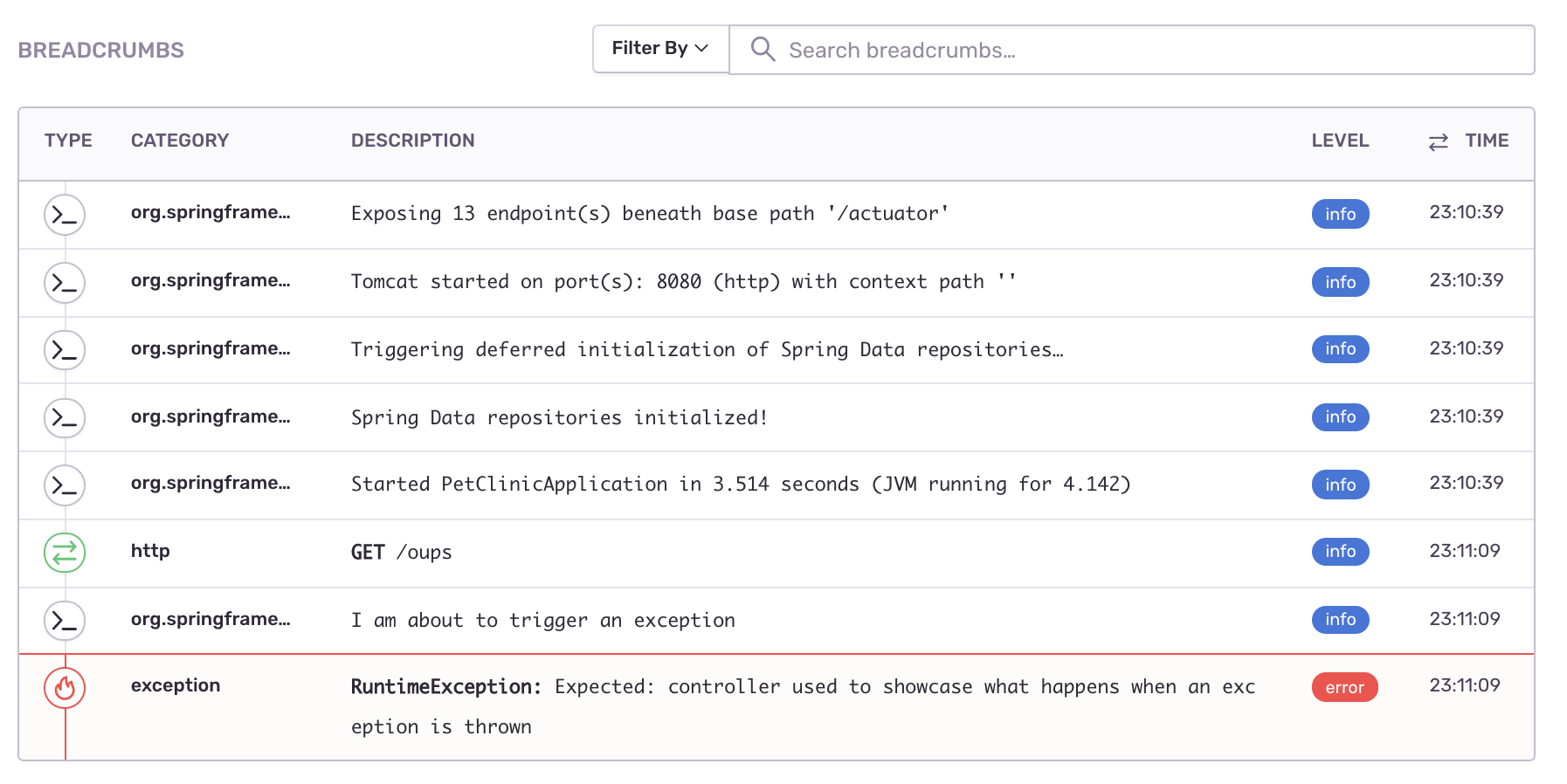 Sentry's Java Spring Boot Breadcrumbs from Logback appender