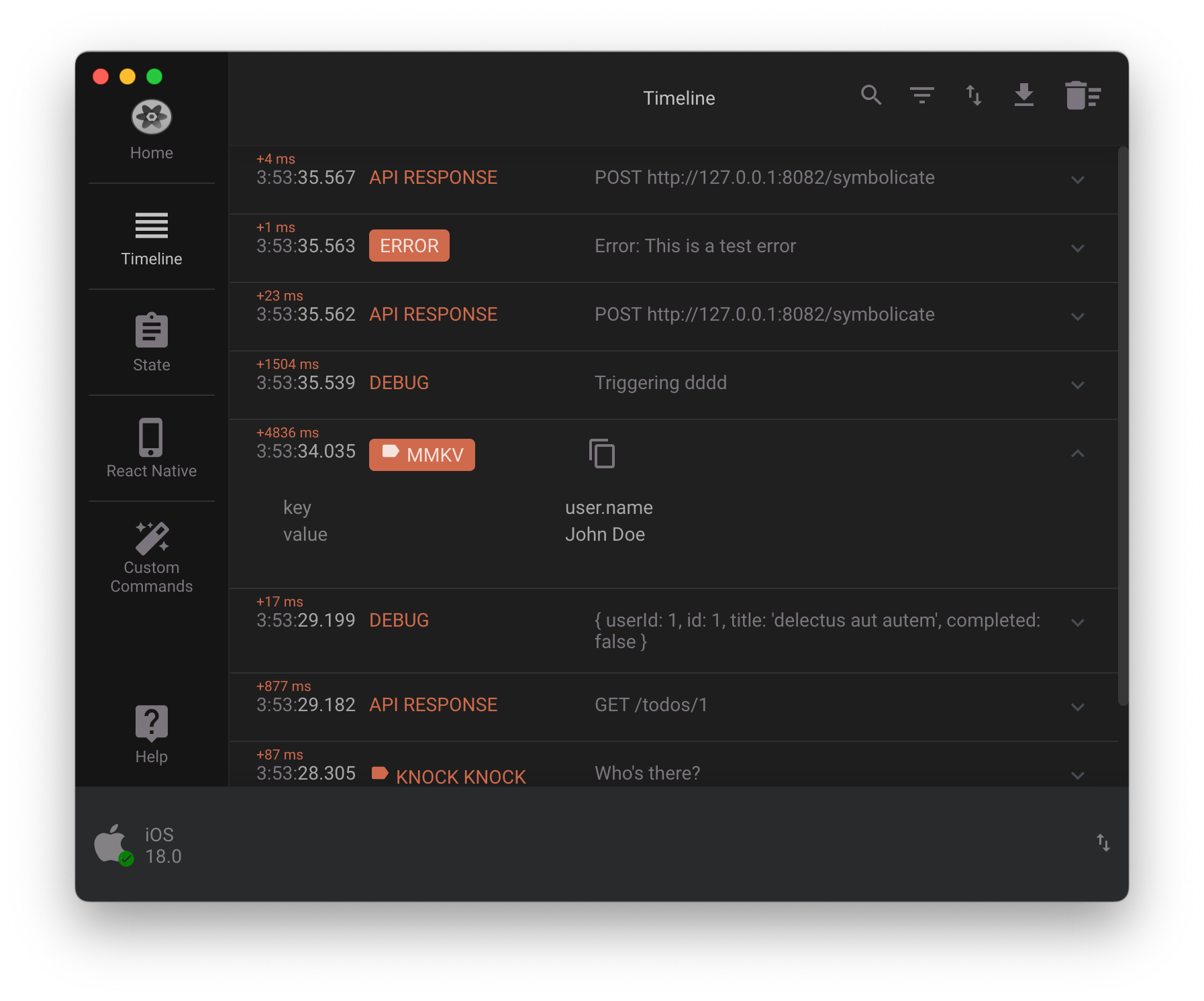 Reactotron app with basic debugging information