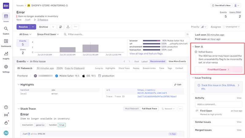 Screenshot of the Sentry issue details page showing an error titled “Item no longer available in inventory” with the Seer AI panel highlighted, suggesting a root cause linking the 404 tax error to the incorrect inventory flag.