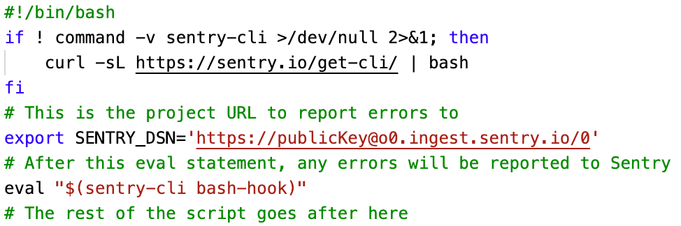 This code snippet shows what's required to install Sentry CLI and to use it to report errors.