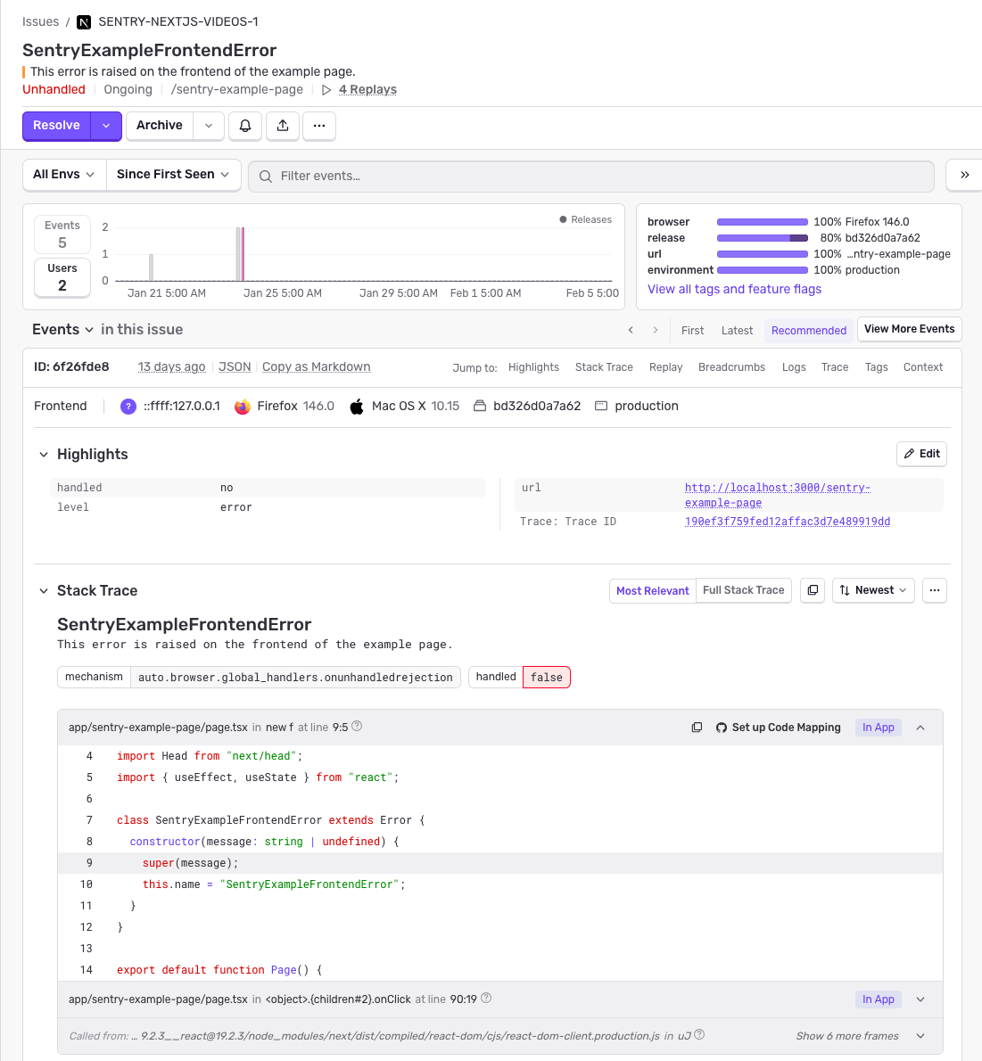 Sentry error tracking interface showing SentryExampleFrontendError with stack trace, browser details (Firefox 146.0), and code snippet from page.tsx at line 9