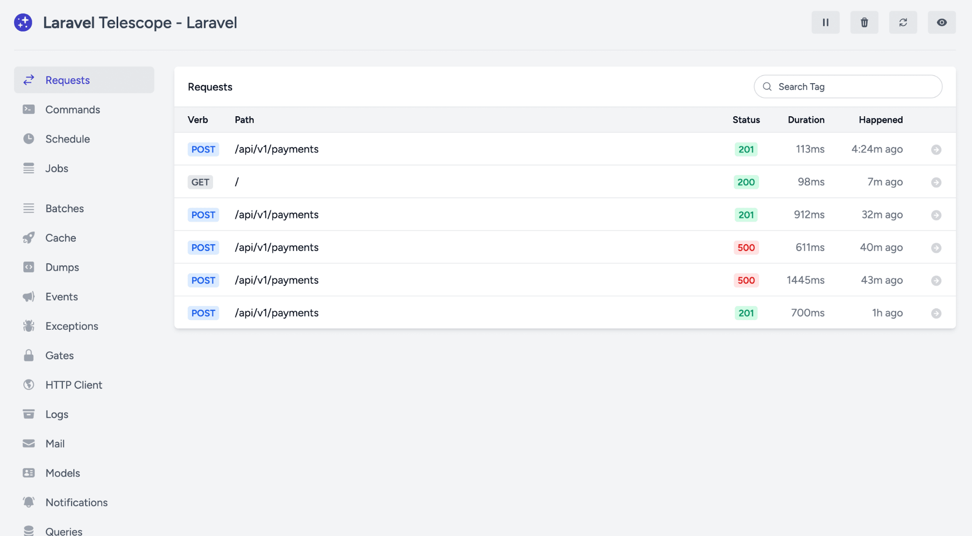 A screenshot showing the UI for Telescope, currently on the "Requests" tab.
