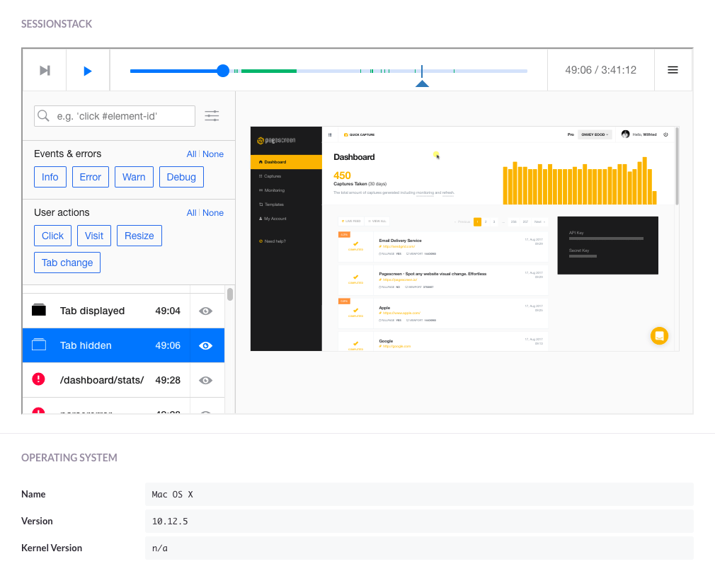 Screen capture of SessionStack user interface