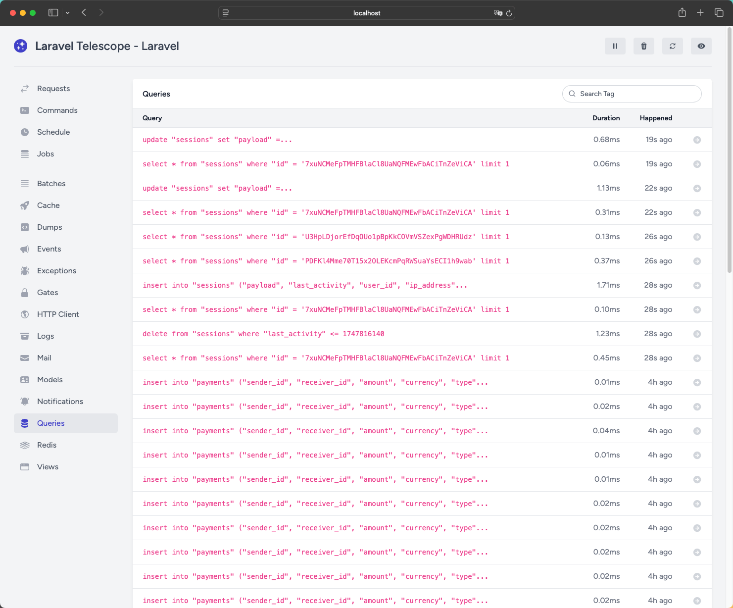 The queries tab in Telescope , showing a list of the different queries and their duration.
