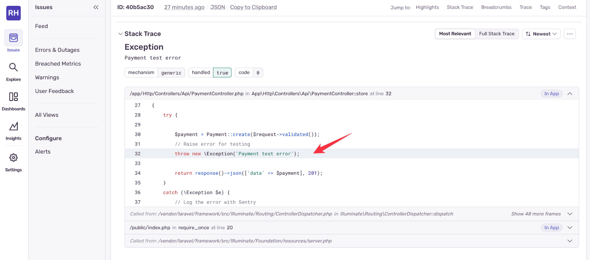 In the Sentry Stack Trace UI, the line causing the error is highlighted with a red arrow