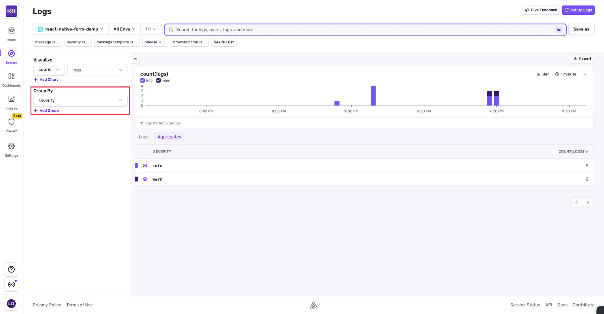 Logs dashboard with an aggregated view grouped by severity, showing a bar chart of log counts over time and a summary table listing info and warning log totals.