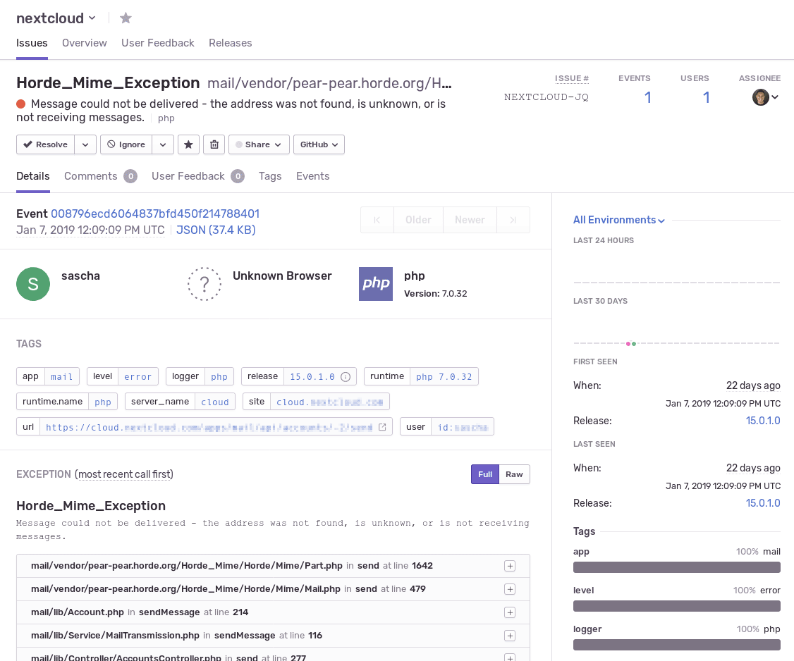 A screenshot of the Sentry Issue page, displaying an error from Nextcloud.