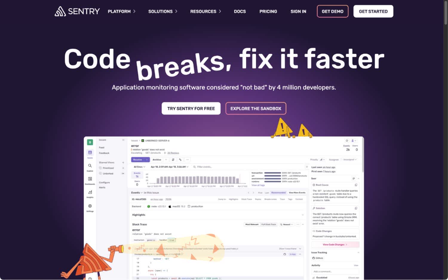 An above the fold screenshot of our marketing homepage, composed of a headline “code breaks, fix it faster” and a screenshot of the product.