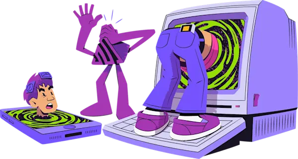 Cartoon showing the Sentry logo as a distressed character watching one person stuck in a smartphone and another diving headfirst into a retro computer—illustrating developers getting lost in debugging chaos.